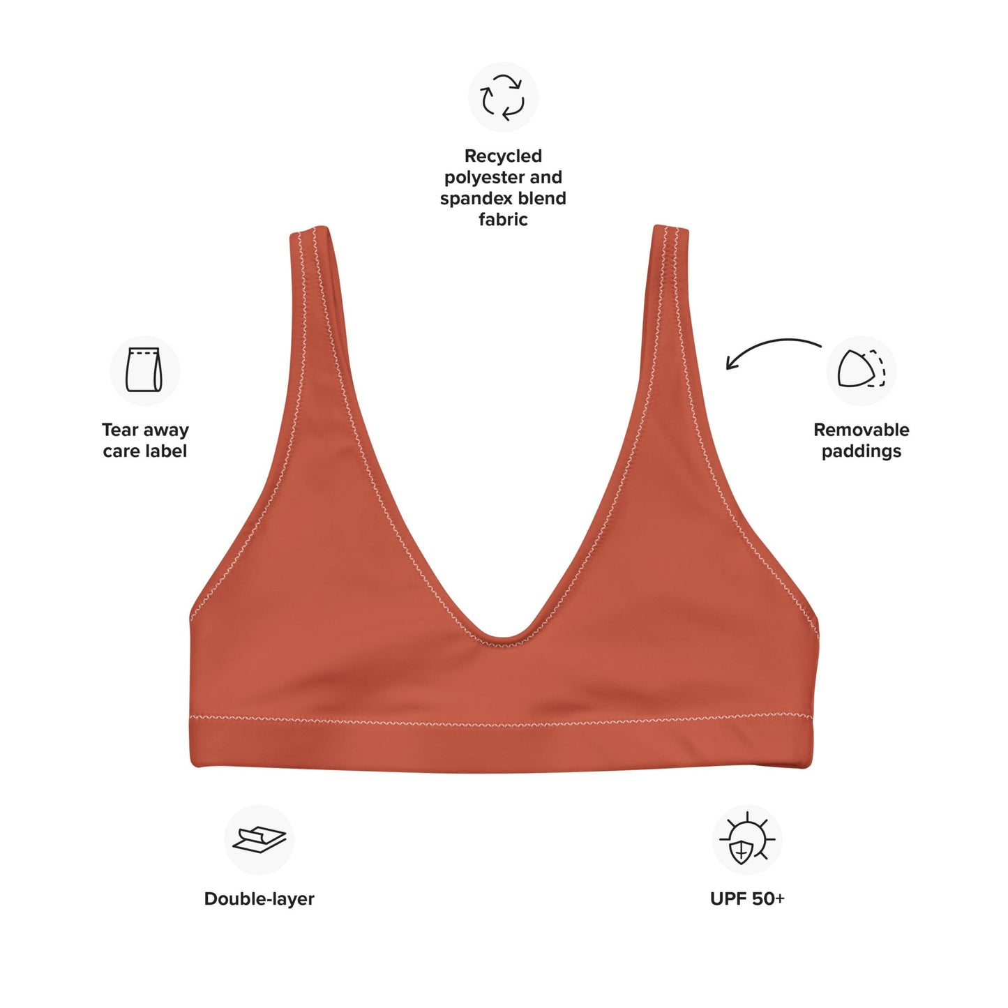 Eco - Lux Padded Bikini Top in Brick Red - Saltwater Bodega
